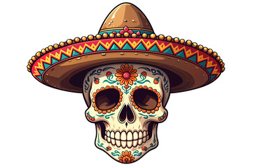 Decorated sugar skull wearing a colorful Mexican sombrero. Traditional Dia de los Muertos icon with floral patterns, isolated on transparent background. Festive and cultural illustration.
