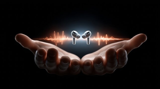 Floating wireless earbuds above open hands with waveform graphic on black background symbolizing immersive audio and digital resonance - Powered by Adobe