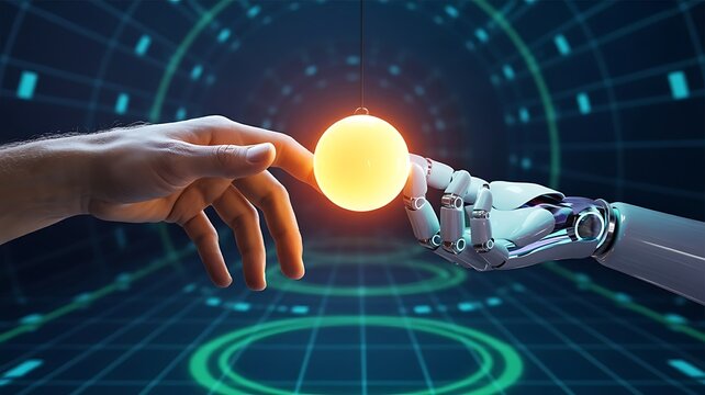 Human and robot touching glowing orb human hand robot hand