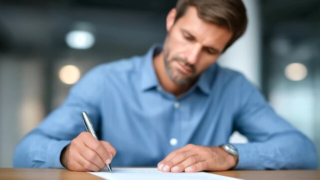 Detailed view of a man finalizing a loan contract in a modern, high-tech office setting.