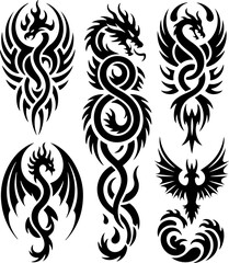 Fototapeta premium Tribal Dragon and Phoenix Tattoo Designs vector bundle