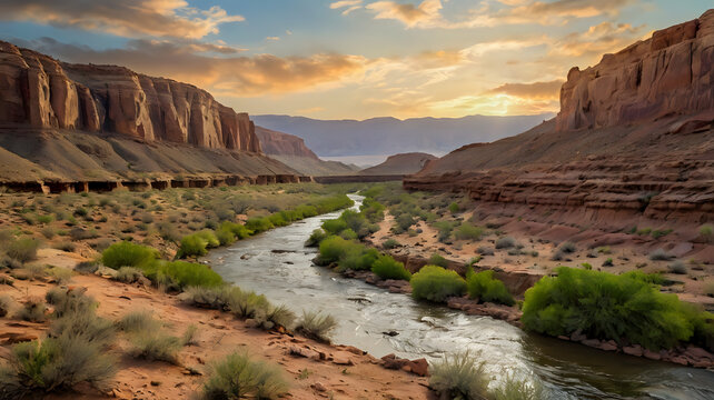 Rocky canyon trail with a river running below, warm desert hues - Powered by Adobe