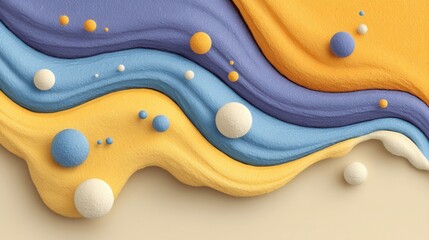 Obraz premium A vibrant abstract composition featuring flowing waves of color in yellow, blue, and purple, enhanced by playful spherical shapes. Ideal for modern design projects.
