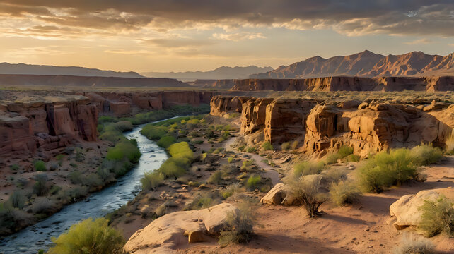 Rocky canyon trail with a river running below, warm desert hues