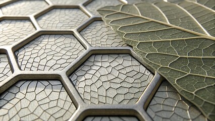 Biomimicry concept showing a green leaf merging with a futuristic metallic honeycomb hex grid pattern.