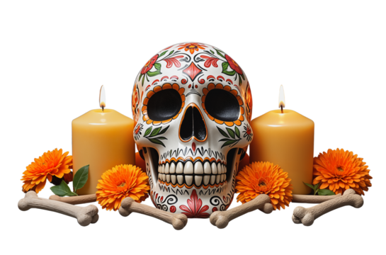 Colorful Day of the Dead skull with marigold flowers, candles, and bones. Symbolic altar decoration for Día de los Muertos. Transparent background.
