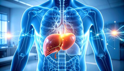 Liver Focus on Human Anatomy Visualization with Blue Body Outline