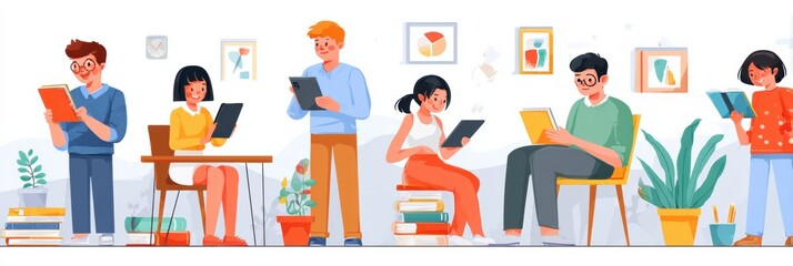 Diverse Students Engage in Active Learning With Tablets and Books During a Collaborative Study Session in a Modern Educational Space
