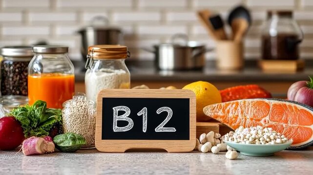 group of products that contain vitamin B12. Selective focus. food.