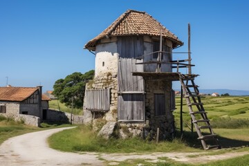 Old stone tower with wooden stairs in a rural landscape
