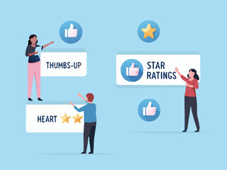 Customer feedback icons with star ratings thumbs up and heart symbols