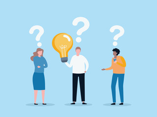Teamwork brainstorming session with lightbulb idea and question marks above heads