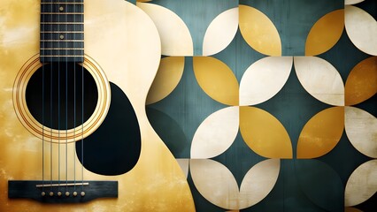 acoustic guitar close up on blue background,Close-up of a classic acoustic guitar and its strings against a blue background, highlighting the wooden musical instrument