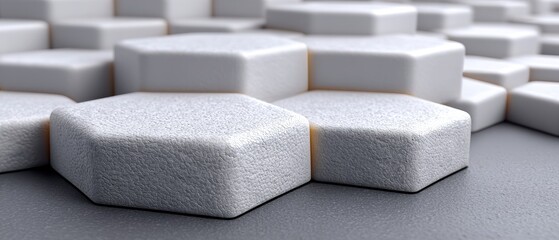 Close-up view of hexagonal sugar cubes arranged artistically on a smooth surface