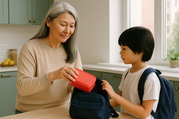 asian grandmother preparing school lunch placing lunchbox into backpack with child watching in bright kitchen back to school concept of care routine family