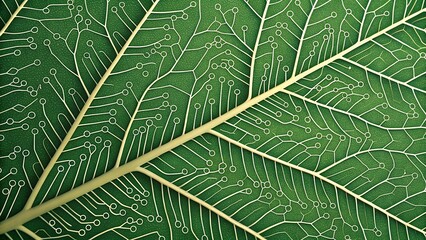 Green technology concept showing intricate circuit board lines merging into the vein pattern of a plant leaf.
