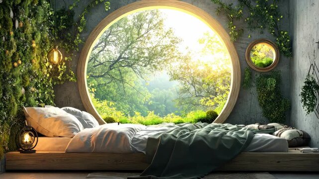 Stylish bedroom with a large bed. Selective focus. dizain.