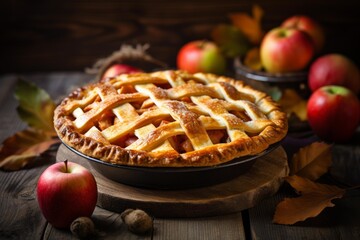 Freshly baked apple pie sits on a wooden table, surrounded by ripe apples and autumn leaves, creating a warm and inviting scene
