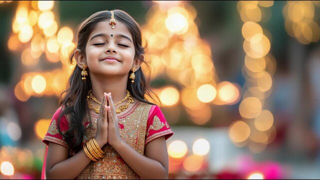 Young indian girl in traditional clothing praying with closed eyes, a blurred background of diwali lights creating a warm, festive atmosphere