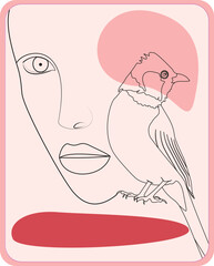 Abstract One-Line Drawing of Bird on Face with Minimalist Pink Elements