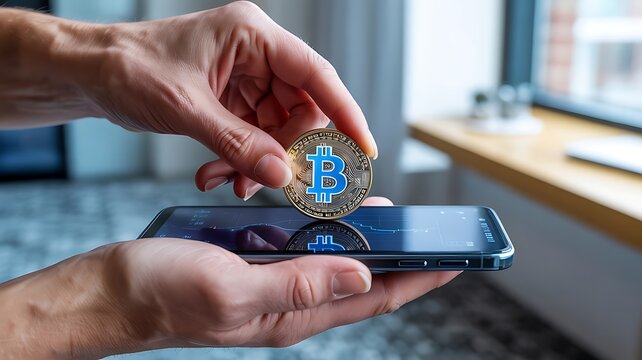 Person holding bitcoin over smartphone with chart cryptocurrency - Powered by Adobe