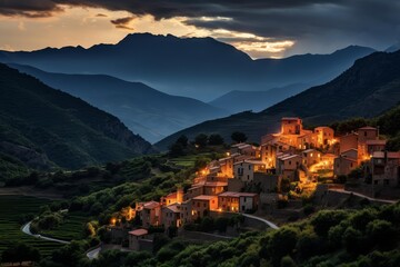 Obraz premium Charming village glowing warmly against dramatic mountain backdrop at sunset