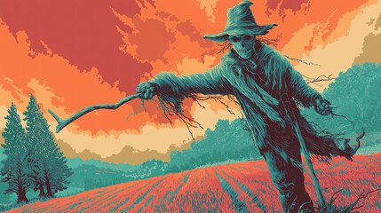 Menacing scarecrow with skeletal face stands vibrant field dramatic sky, evoking vintage horror movie poster vibe. eerie atmosphere is enhanced by scarecrow tattered clothing and surreal colors