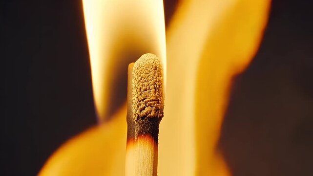 Close-Up of a Matchstick Burning with Vibrant Flame Against a Dark Background