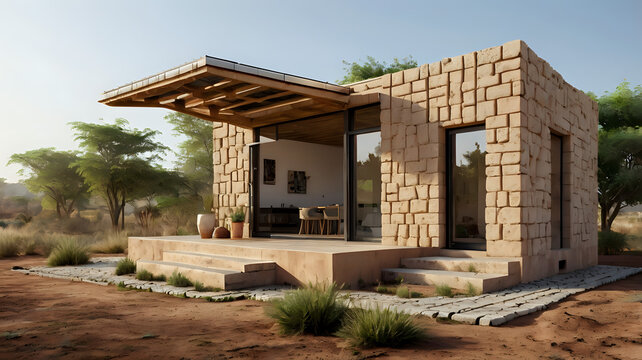 &ldquo;Modern 3D eco-home made with natural mud bricks and solar panels, combining rustic and contemporary design, on a clean white backdrop