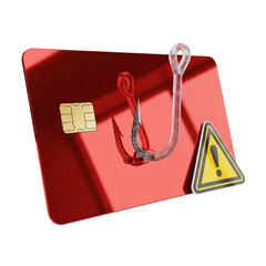 Credit Card Fraud: Red Card, Fishing Hook, Warning Sign, 3D Render, Dark Background, Security Risk Concept