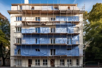Apartment building wrapped in blue netting for renovation work