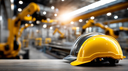 Automated Factory with Robotic Arms Under Soft Sunlight