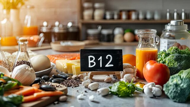 group of products that contain vitamin B12. Selective focus. food.