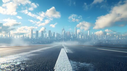 Empty Road City Skyline Bright Day Future Ahead