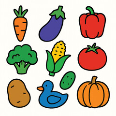 Fototapeta premium Vibrant Cartoon Vegetables & Playful Duck Illustration