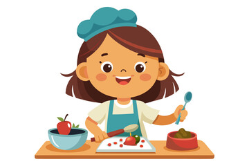 Adorable cartoon illustration of a young girl chef happily cooking with a frying pan and spatula. 
