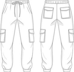cargo jogger pants front back view, cad drawing flat vector illustration, technical sketch fashion design, elastic hem trousers, pocket detail template file
