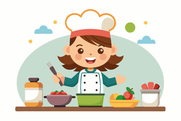 Adorable cartoon illustration of a young girl chef happily cooking with a frying pan and spatula. 