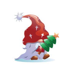Christmas Gnome Holding a Christmas Tree &ndash; Nordic Gnome vector Illustration. Winter Gnome Character Holding Christmas Tree