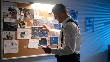 Man Investigating Evidence on Cork Board with Photos and Notes