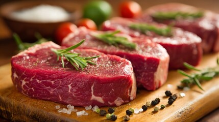 Fototapeta premium A close-up of fresh, raw beef steaks neatly arranged on a wooden cutting board with a few herbs and spices for seasoning