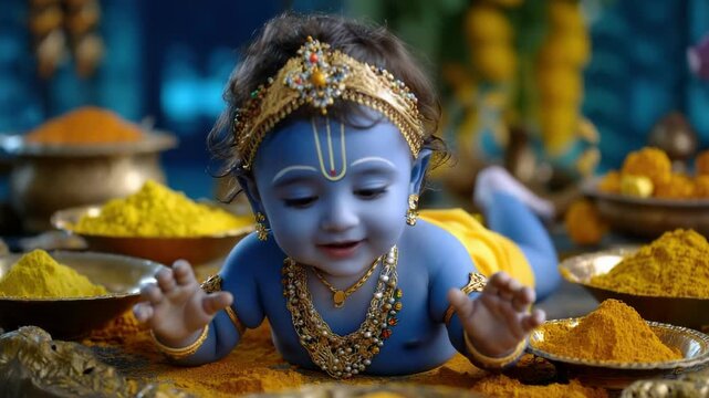 Sacred Krishna ceremony: adorable lord, young child, smiling baby, Hindu dress, yellow garment, blue skin, divine figure, Janmashtami birth, Rohini celebration, Jayanti toddler, Gokulashtami