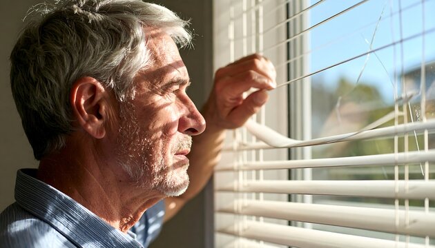 Man Looking Through Window Blinds with Sunlight Streaming in