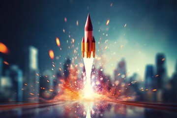 Rocket blasting off with city skyline in the background