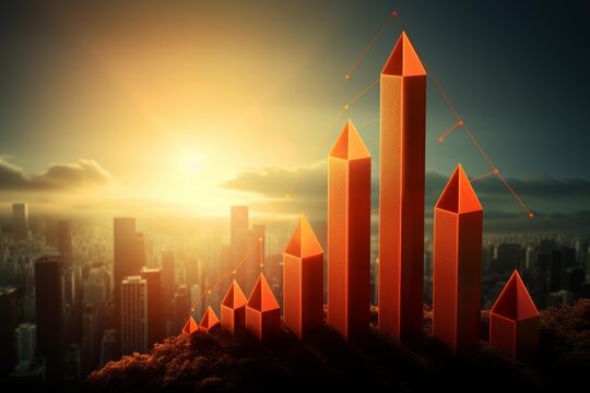 Orange bar graphs symbolize financial growth against a cityscape at sunrise