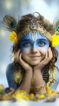 Adorable Krishna tribute: Hindu toddler, cute baby, smiling lord, sacred child, blue complexion, yellow garment, joyful birth, divine monarch, Janmashtami, Rohini, Jayanti, Gokulashtami