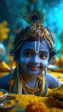 Divine Janmashtami moment: adorable lord, smiling child, young monarch, blue skin, Hindu baby, yellow dress, cute toddler, Krishna birth, sacred festival, Jayanti, Rohini, Gokulashtami