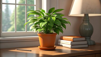 Bright indoor plant on a table with a lamp, enhancing the home interior design