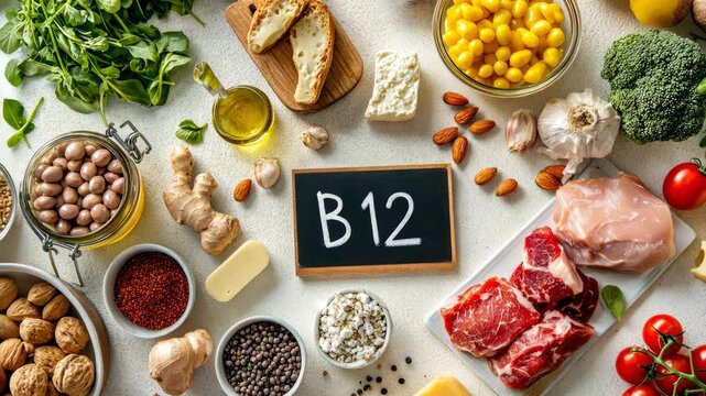 group of products that contain vitamin B12. Selective focus. food.