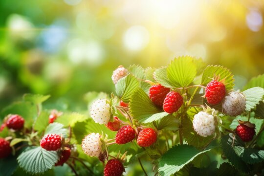 Ripe and unripe wild strawberries growing on a bush in the forest, illuminated by warm sunlight - Powered by Adobe